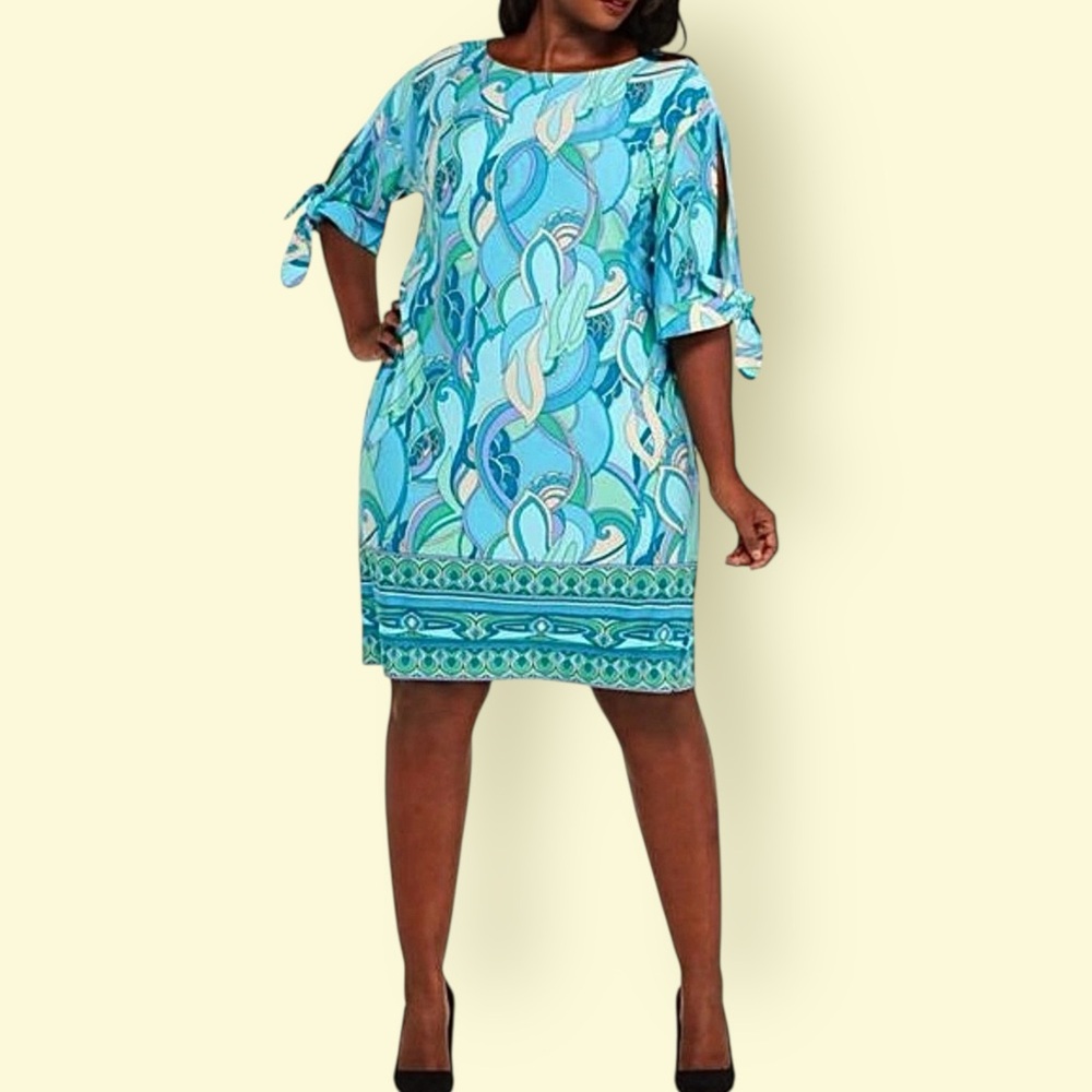 London Times Tie Sleeve Shift Dress Size 12 Coastal Turquoise Print - Picture 11 of 11